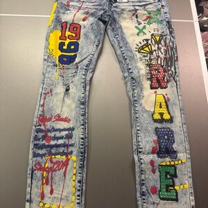 Rue 21 Premium Men'sBlue Design Patch Distressed Jeans Skinny Fit Jean 30x32 NWT